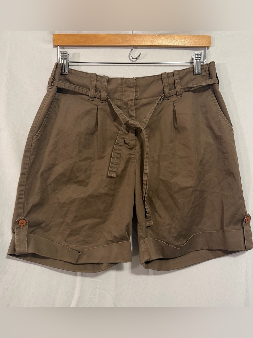 J Jill Safari Shorts Womens 10 Brown Cotton Twill Belted Cuffed Utility Details